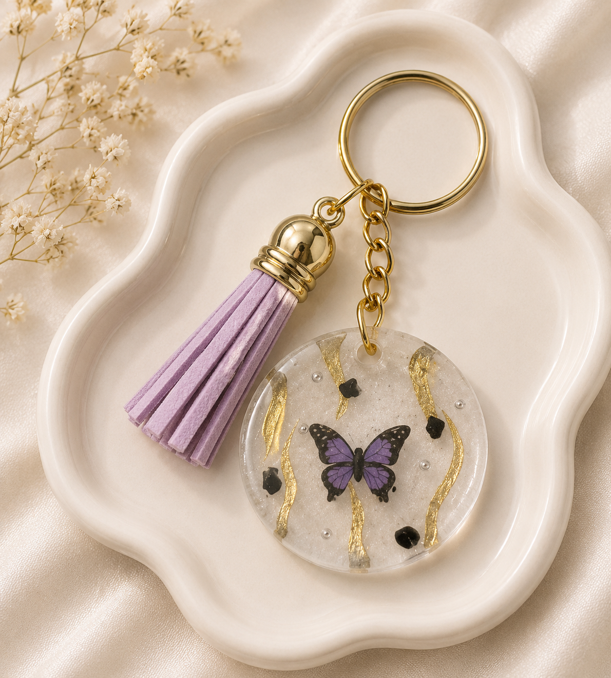 Arany Pillangós Handmade Kulcstartó – Lila és Kék